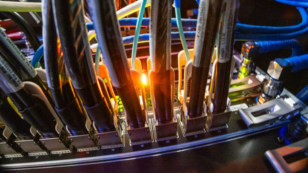 Colourful computer cables and yellow/green LEDs