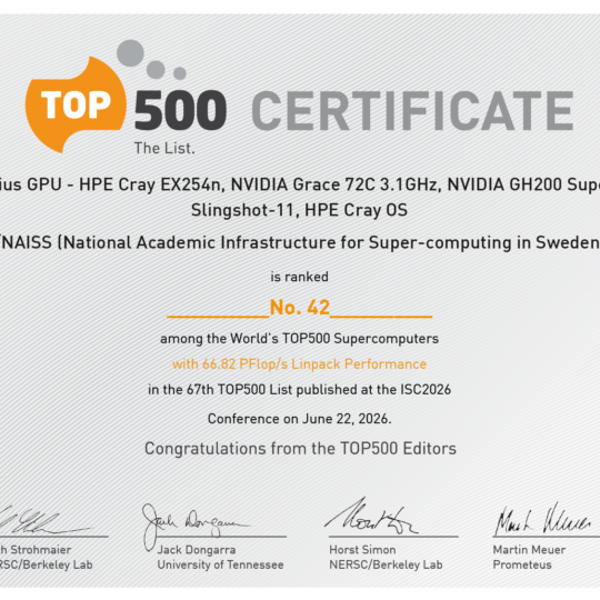 Certificate of TOP500 ranking for Arrhenius