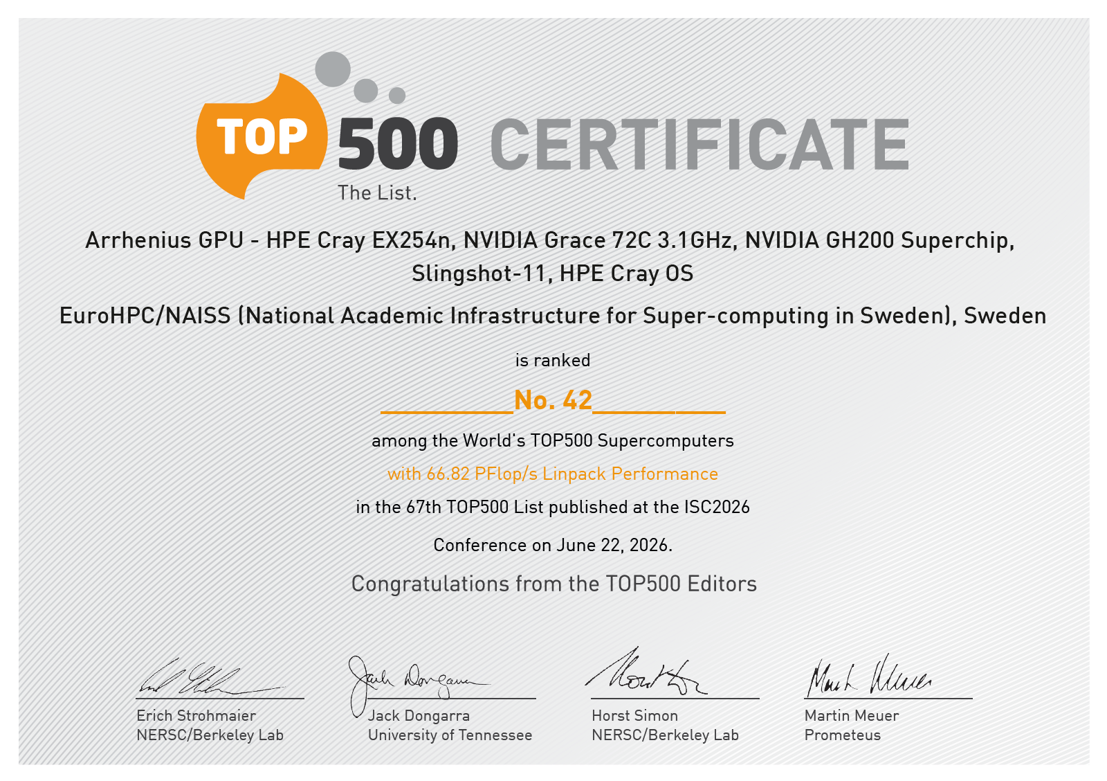 Certificate of TOP500 ranking for Arrhenius