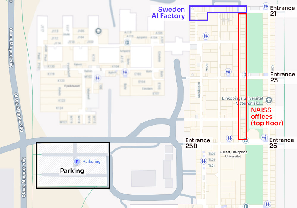 Map of NAISS and Sweden AI Factory offices on Campus Valla