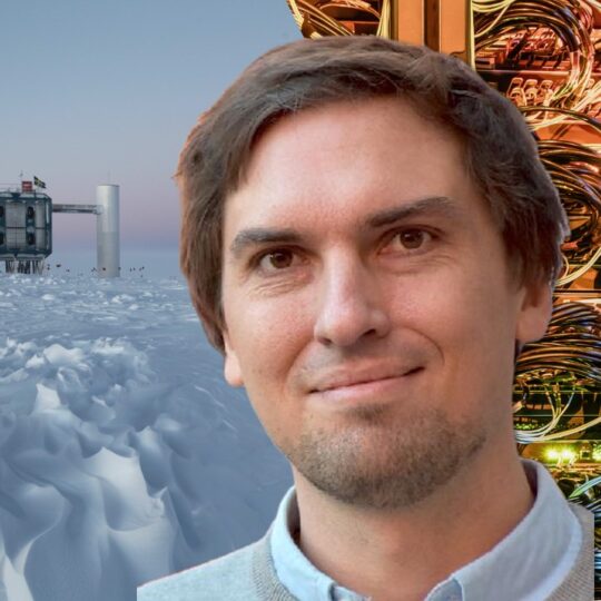 Photo of Christian Glaser, a snow-covered field and a supercomputer